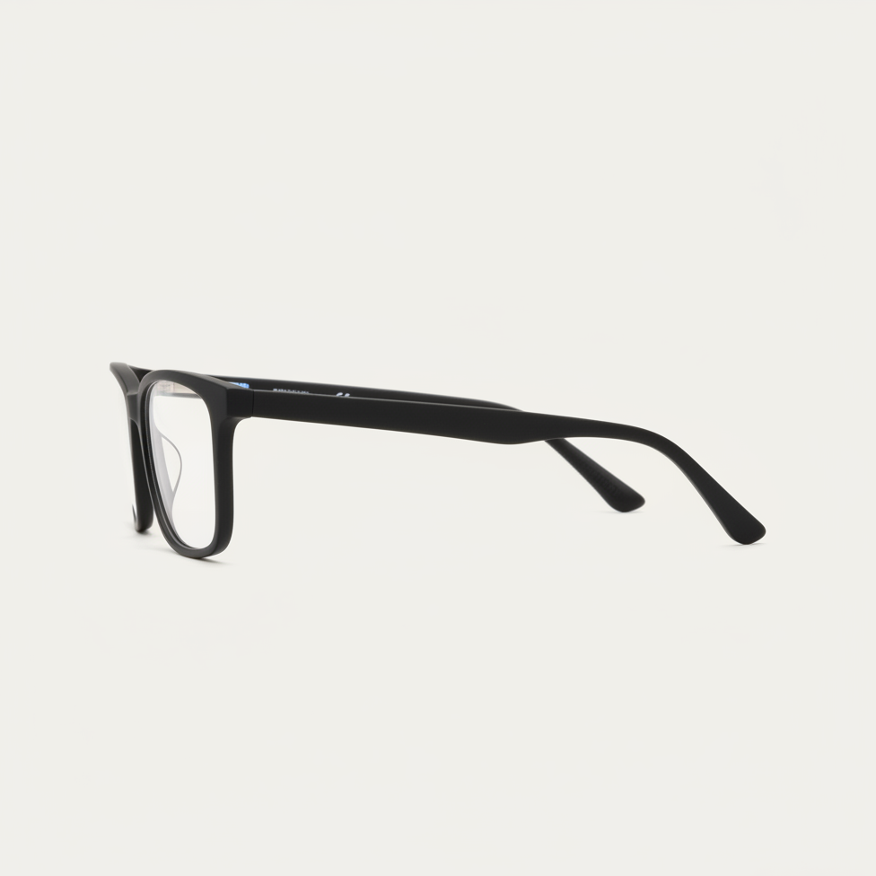 Black rectangle eyeglasses with matte finish, right side view
