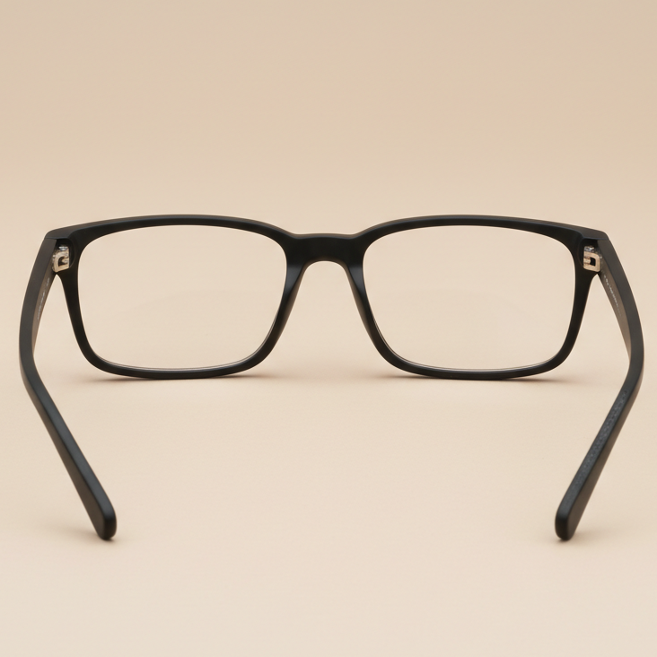 Black rectangle eyeglasses with matte finish, top/back view