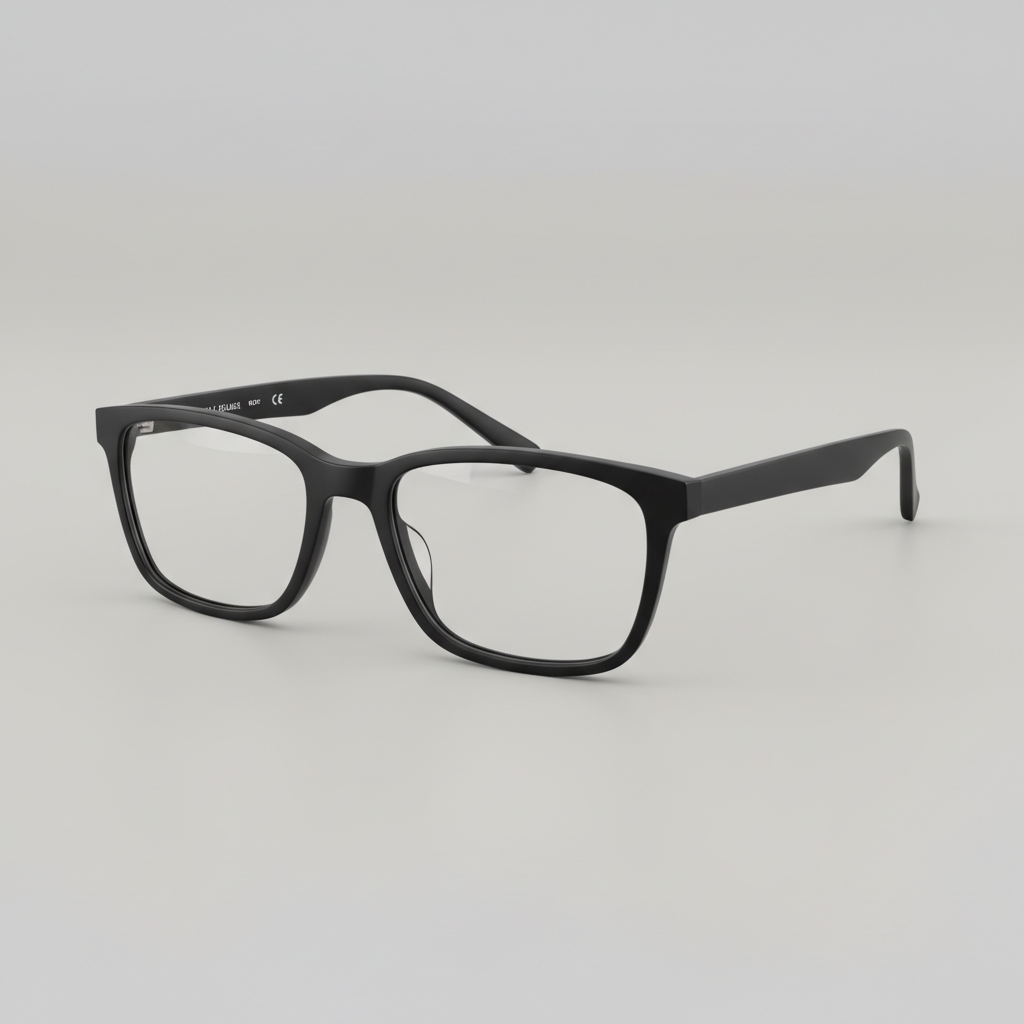Black rectangle eyeglasses with matte finish, 3/4 angle view