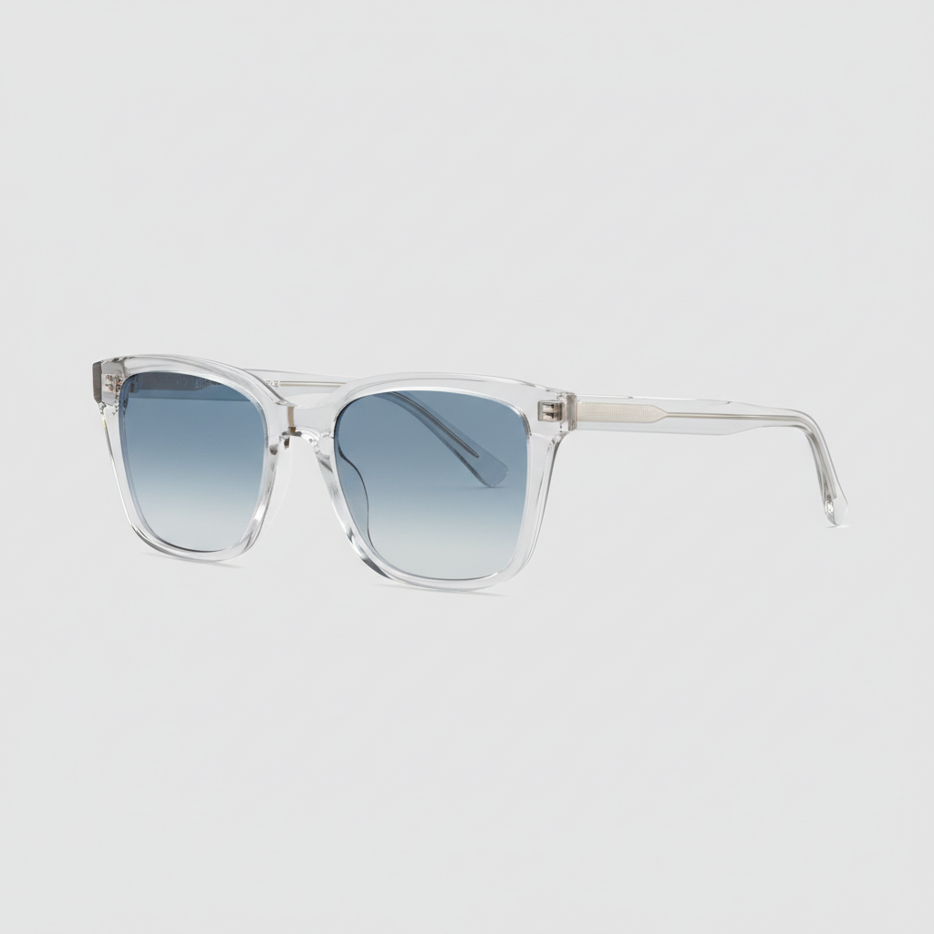 Transparent frame sunglasses with light blue lenses, left side view